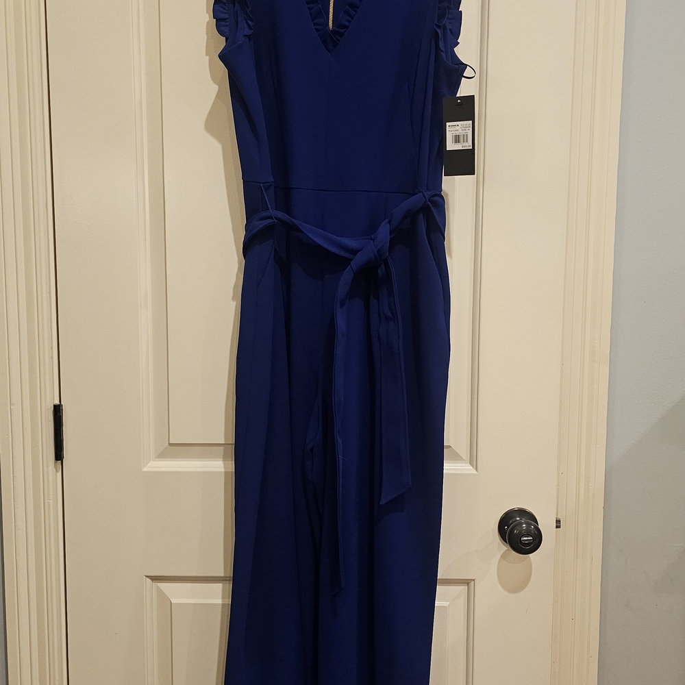 Andrew Marc Cobalt Blue Sleeveless V-Neck Ruffle Wide-Leg Jumpsuit - Picture 2 of 5